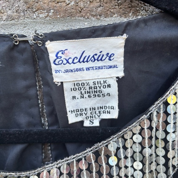 Vintage 80s Sequin Silk Top Black Silver Beaded Party Blouse S - Picture 5 of 10